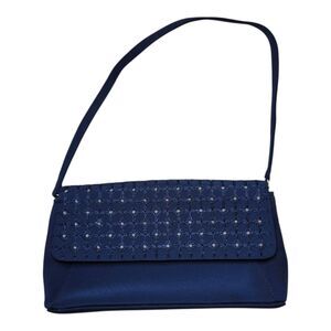 Vintage Talbots Embellished Satin Clutch Purse Navy Blue Magnetic Closure Small